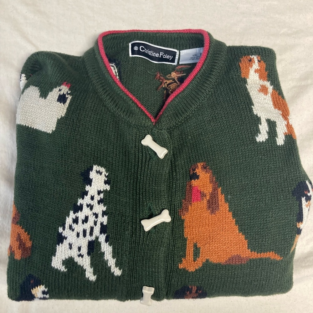 Christine Foley Dog Pattern Green Cardigan